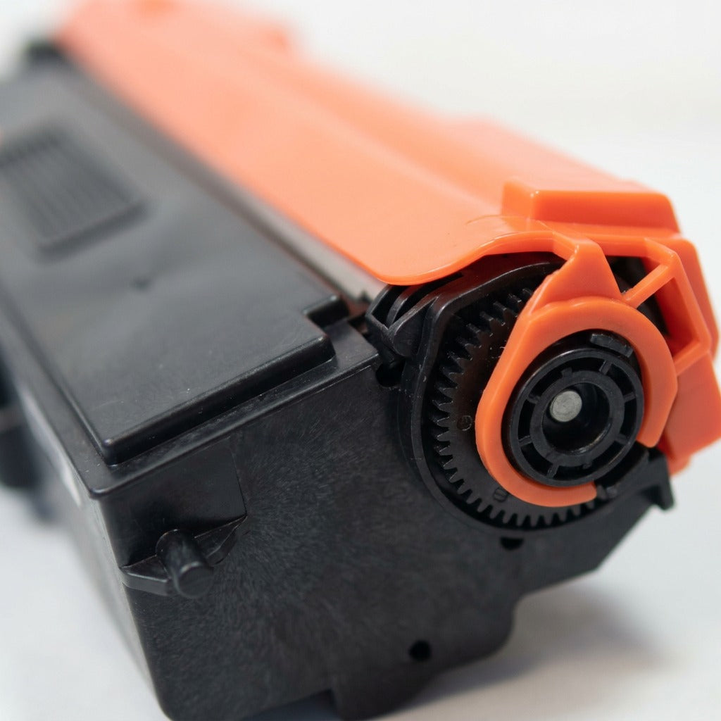 Macro view focusing on the precision gears and material joinery of the TN336 black toner.