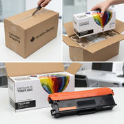 A secure, protective unboxing scene for the TN336BK black toner cartridge.