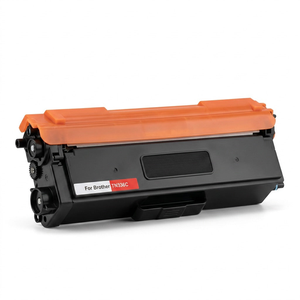 A high-resolution product shot of the Balloon Brand CTTN336C Recycled Brother TN336 Cyan toner cartridge on a pure white background.