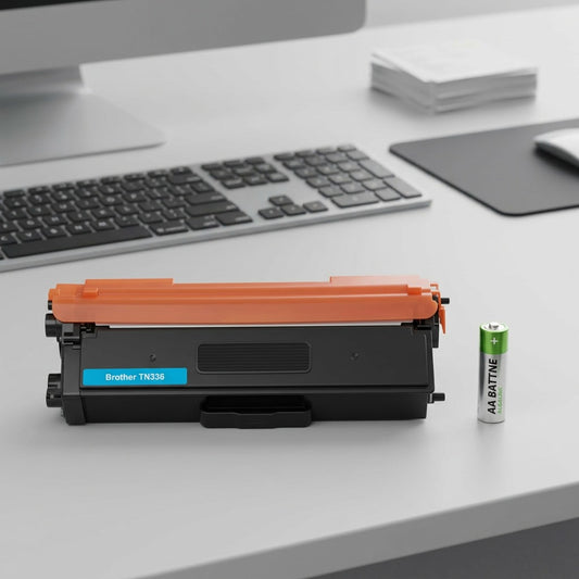 A 3/4 view of the CTTN336C cyan toner cartridge, showing real-world size next to a standard AA battery.