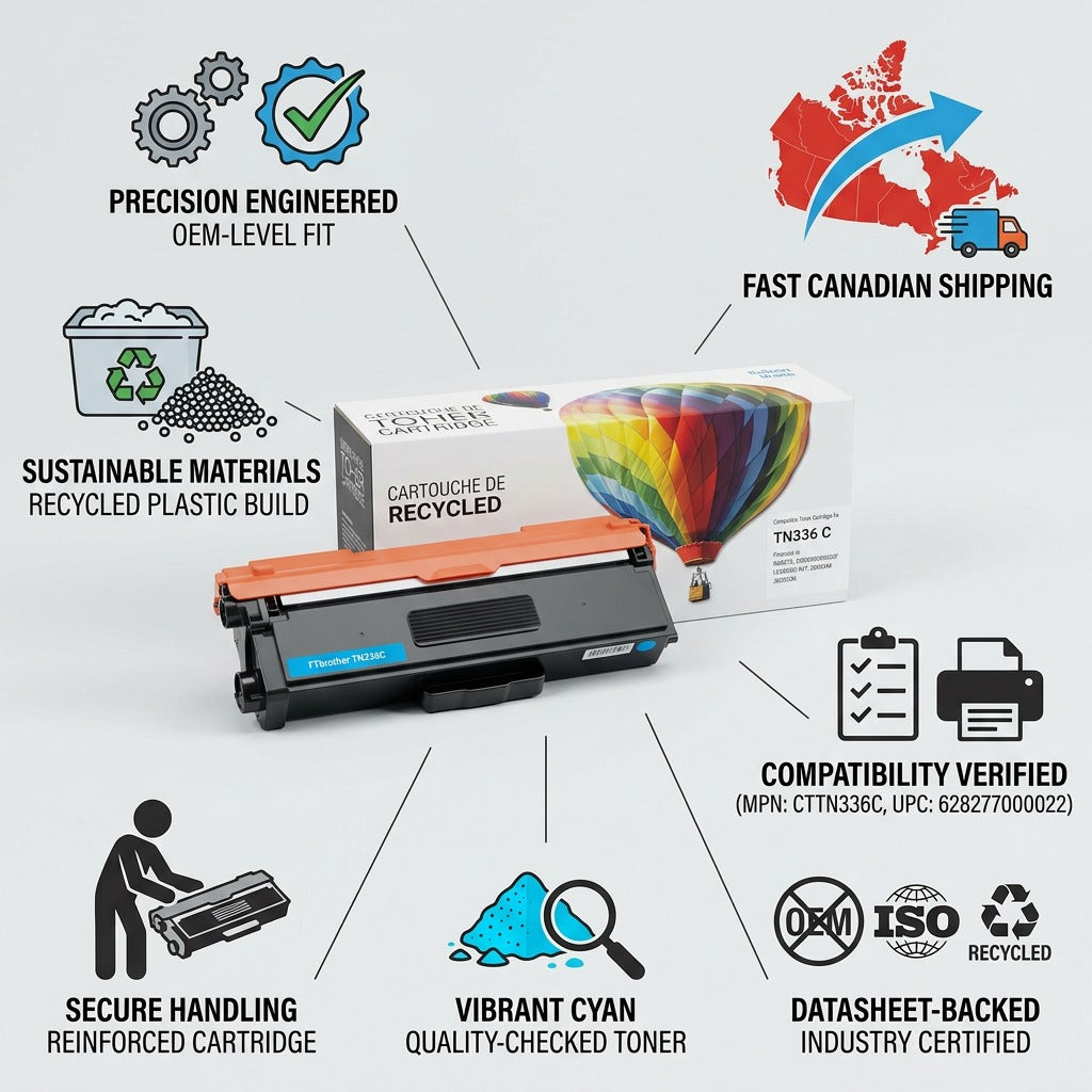 An infographic visual matrix with a specific recycled cyan cartridge, highlighting trust and authority with seven descriptive icons and factual text points.