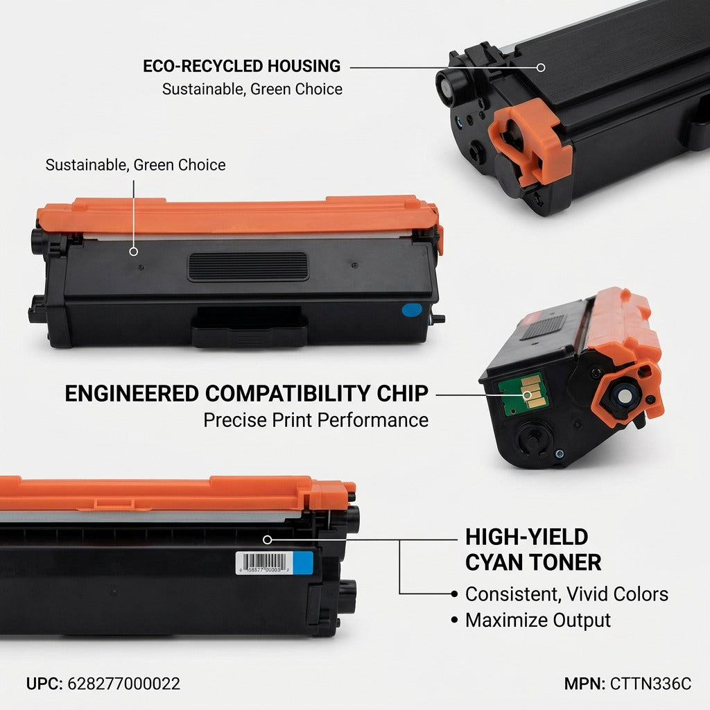Feature callout graphic for recycled cyan toner cartridge, showcasing eco-materials, chip, and page yield.