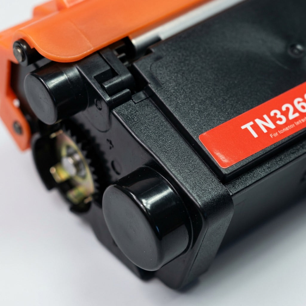 Extreme macro close-up of the Balloon Brand CTTN336C toner cartridge's textured plastic and gear mechanism.