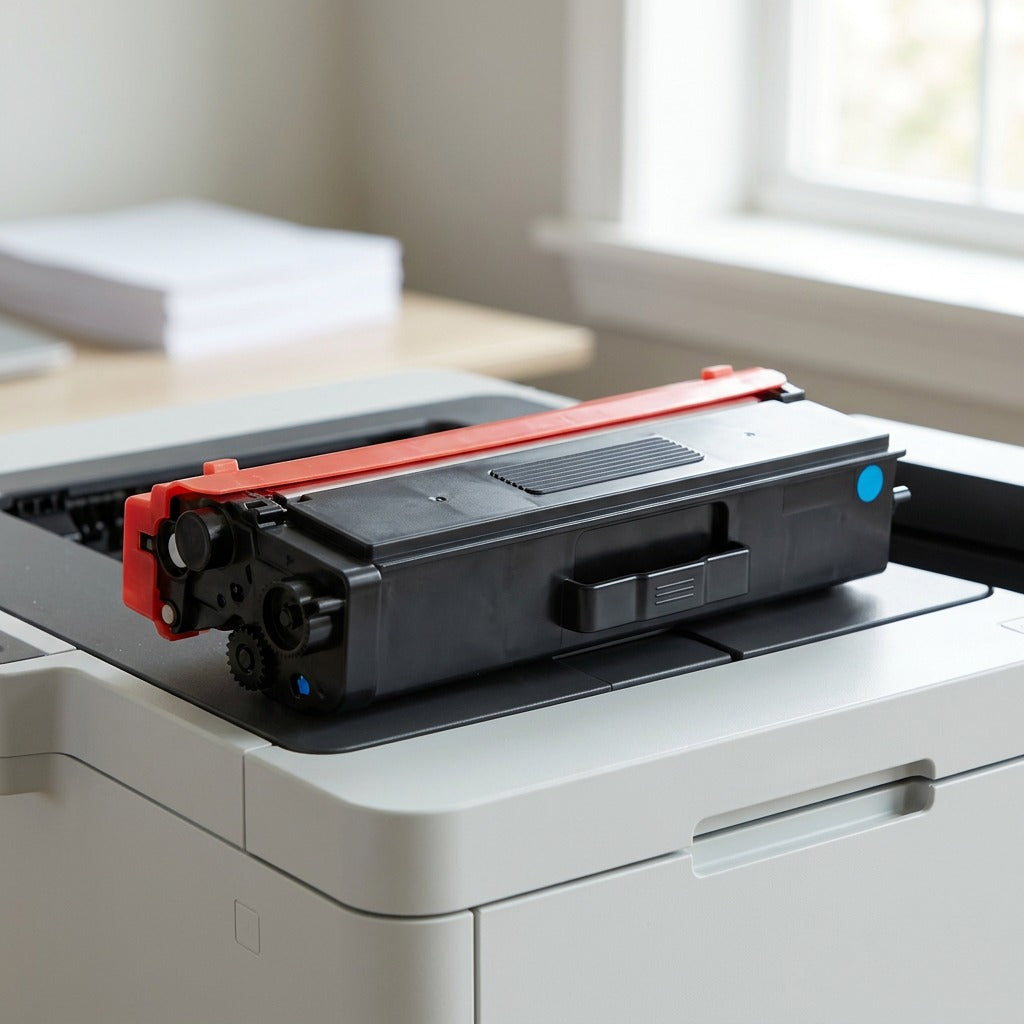 A close-up photograph of the cyan toner cartridge on an office desk, highlighting its details with natural light.