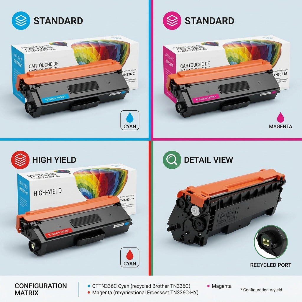 A four-panel ecommerce grid showing two different colors, each with standard and high-yield cartridge options.