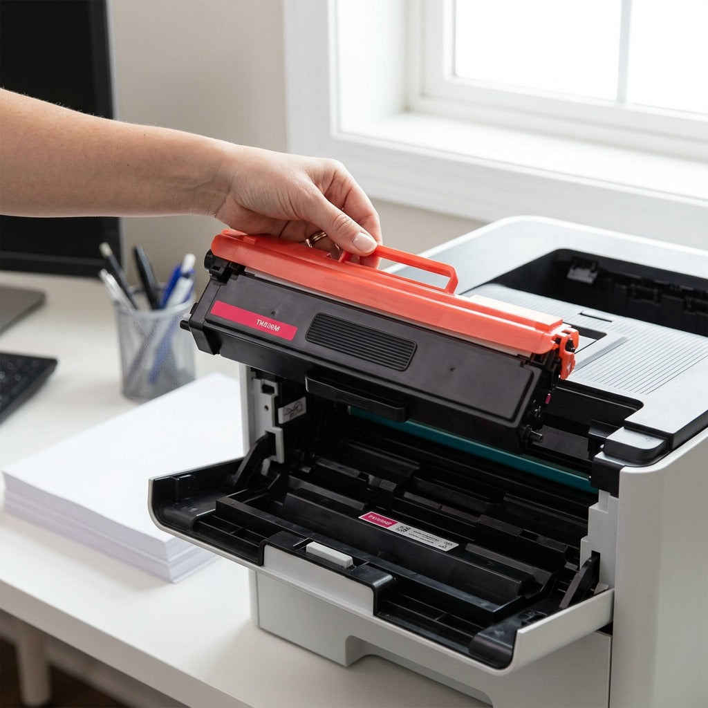 A close-up photograph of a recycling compatible TN336M magenta toner cartridge ready for installation in a workgroup printer on an office desk.