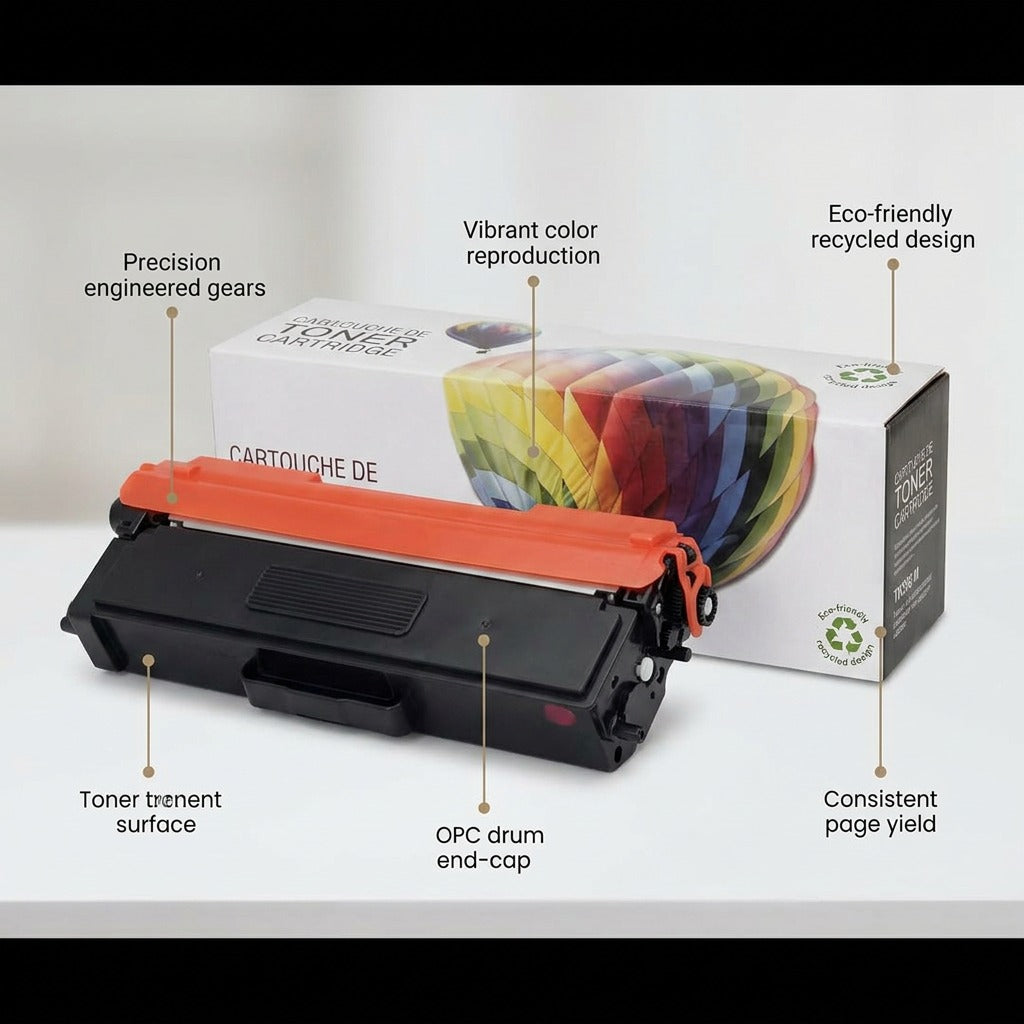 An image featuring a magenta toner cartridge with callouts highlighting its features: precision-engineered gears, vibrant color reproduction, and eco-friendly recycled design.