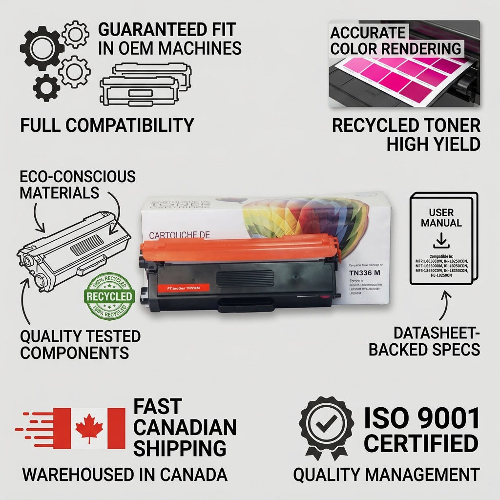 Infographic matrix showing a recycled magenta toner cartridge with icons for fit, compatibility, and certifications.