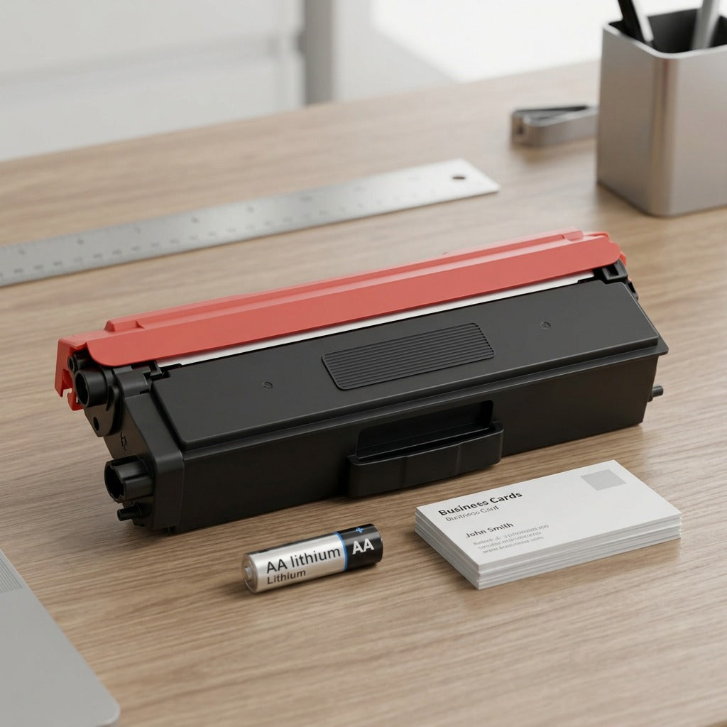 Toner cartridge placed beside an AA battery to provide a clear sense of its actual scale.