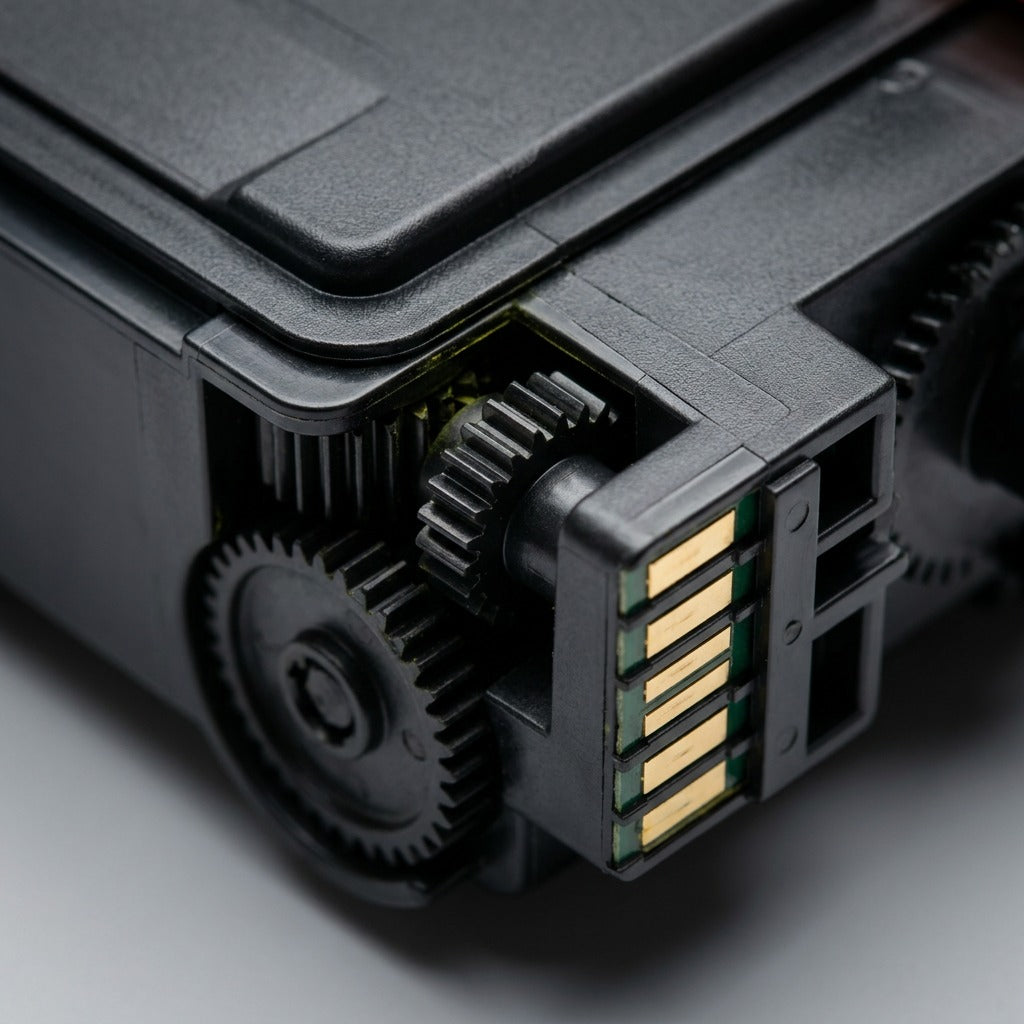 Macro inspect of gear and electrical contacts on the TN336Y recycled toner cartridge.