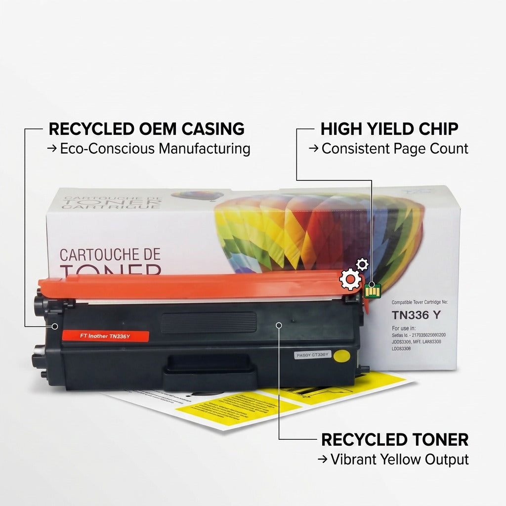 A multi-panel technical deep-dive and quality assurance matrix for the TN336Y yellow toner cartridge.