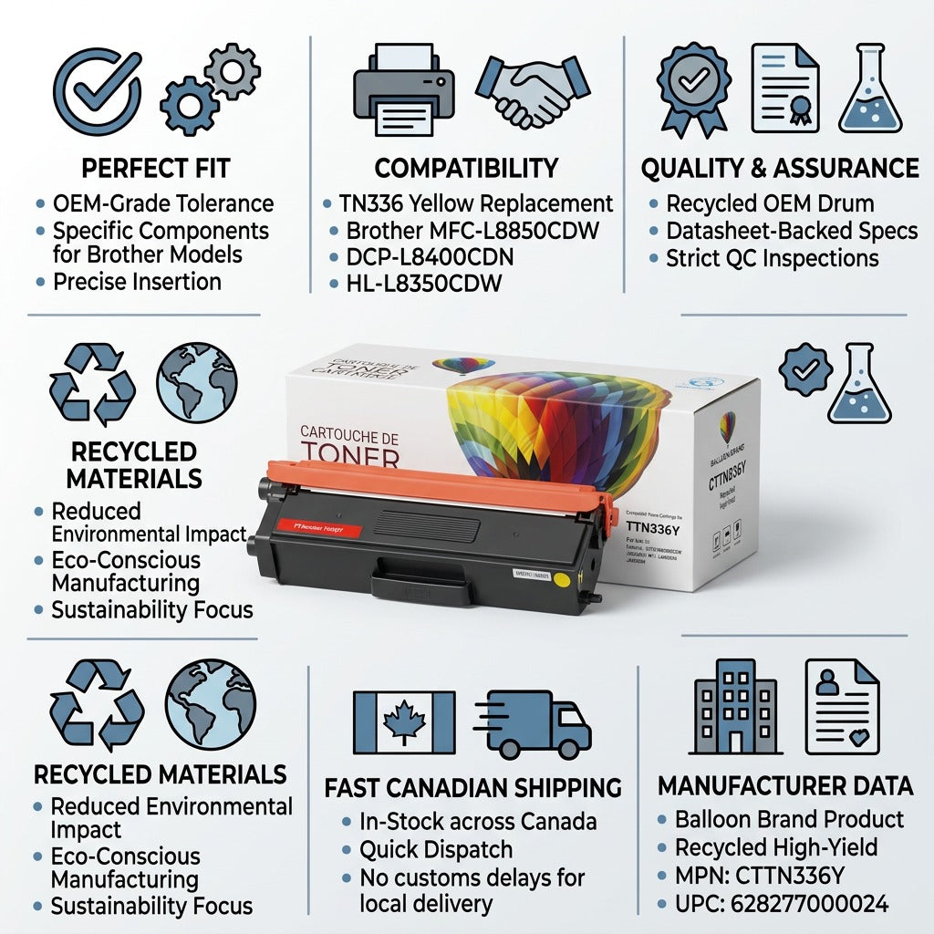 An informative trust infographic for the Balloon Brand CTTN336Y Recycled Yellow Toner Cartridge, featuring the accurate product and packaging at the center. Text panels with simple icons communicate factual cues about Perfect Fit, Compatibility, 100% Recycled content, Canadian Shipping, and Quality Assurance, providing a complete confidence-building visual grounded in technical specifications. The aesthetic is clean and professional with bright, even lighting.