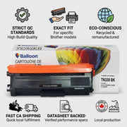 An infographic featuring the Balloon Brand recycled toner cartridge and retail box from image_0.png, surrounded by six trust icons on a neutral background. Cues cover QC standards, exact fit, eco-conscious build, fast Canadian shipping, datasheet verification, and local production. Text is short and clear.