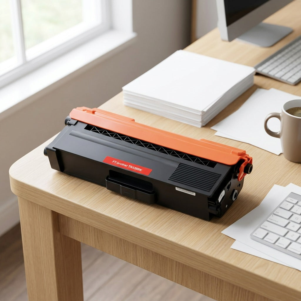 A photograph of the black CTTN339BK toner cartridge resting on a clean wooden office desk beside an open stack of paper.