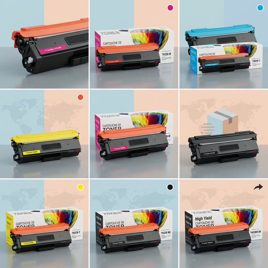 A product configuration matrix image for Balloon Brand recycled toner cartridges, featuring five distinct options: Magenta, Cyan, Yellow, and two Black variants. The grid shows accurate depictions of the individual cartridges and their branded boxes, organized with color markers and SKU labels.
