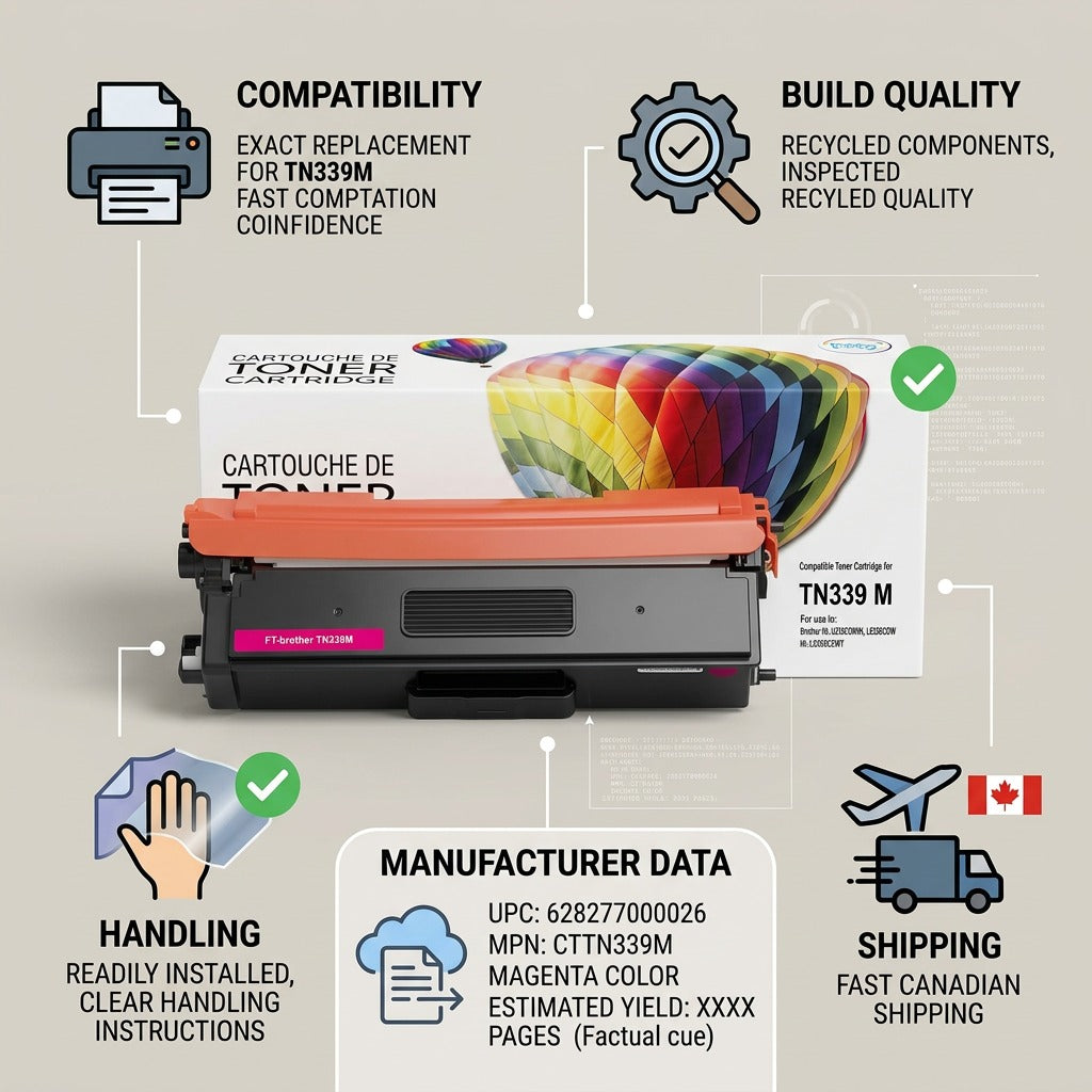 Trust and authority infographic for TN339 Magena toner cartridge with factual cues.
