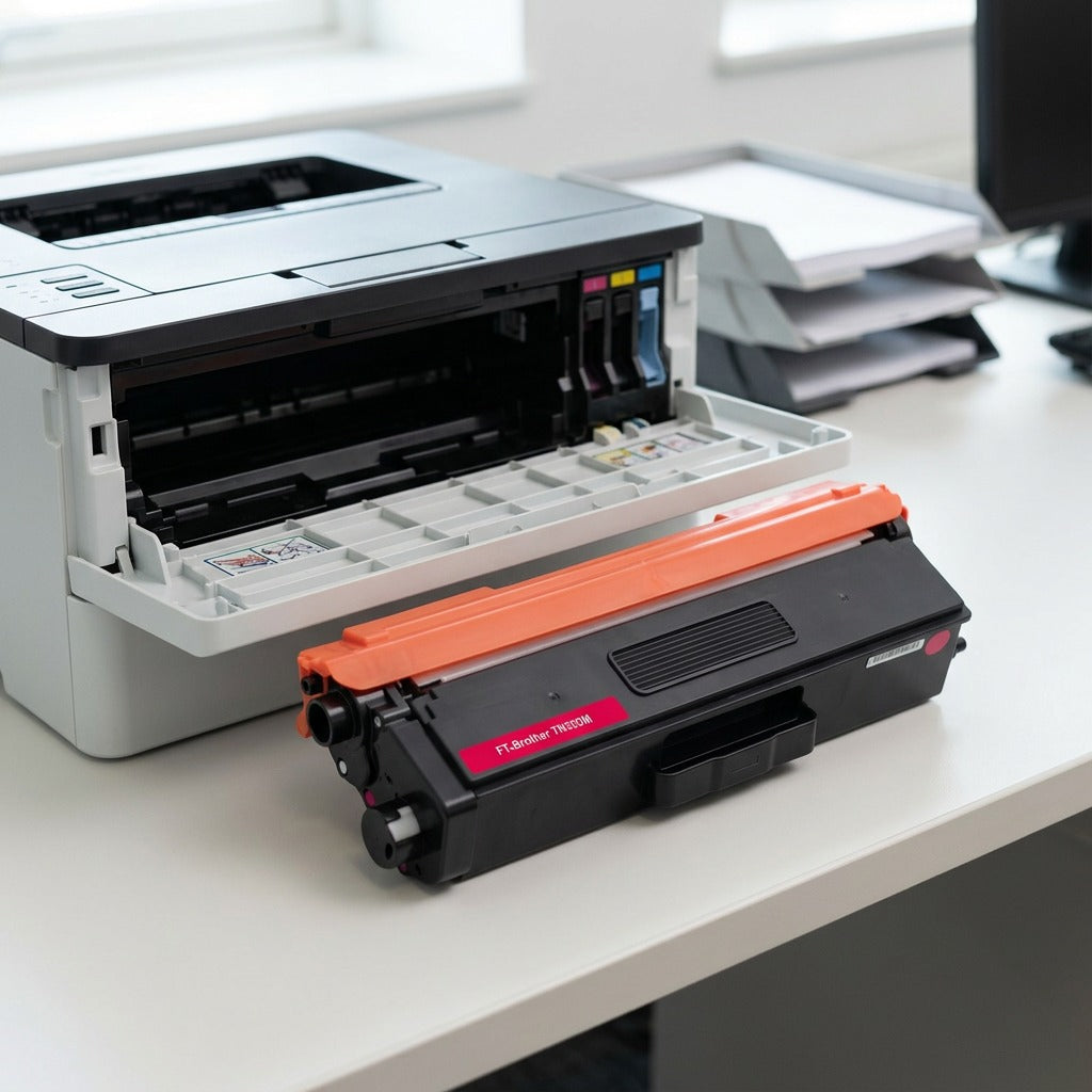 An image of the CTTN339M recycled magenta toner cartridge ready for installation in a compatible office printer, adhering to PDP requirements with a clean and neutral setting.
