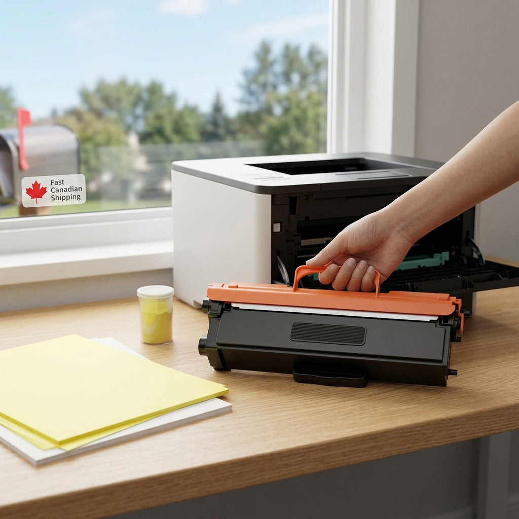 A lifestyle photo of a yellow TN 339 inkjet printer cartridge being held for installation near an office printer and a stack of printed papers.