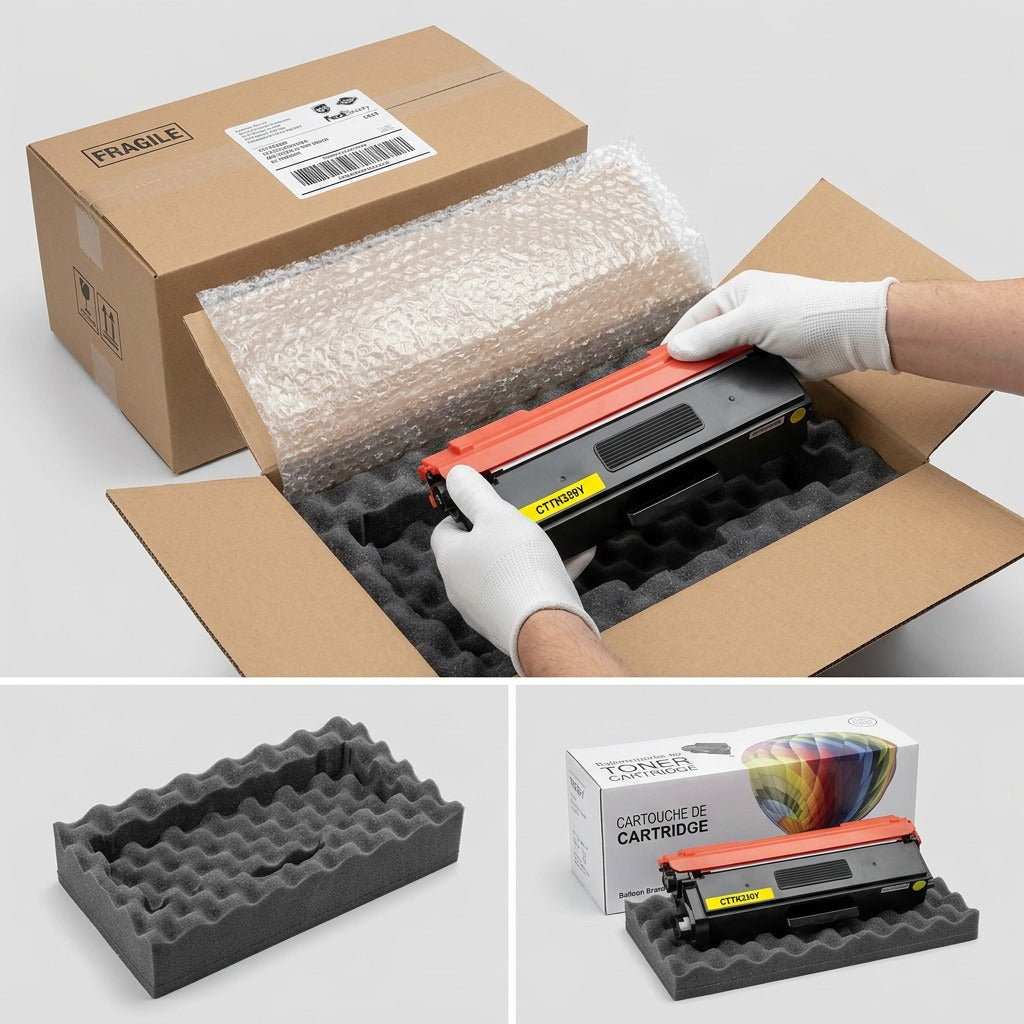 A premium unboxing scene shows the TN339Y toner cartridge nestled safely in form-fitting foam within a shipping box.