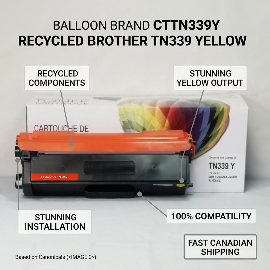 A clean ecommerce graphic of the CTTN339Y toner cartridge, highlighting features like precise fit and vibrant yellow output with clean pointer lines.