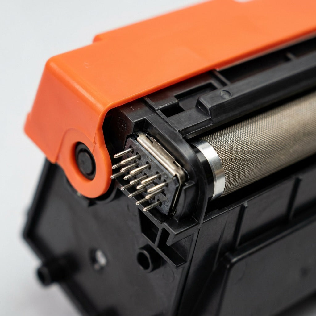 A macro photo details a recycled toner cartridge's metallic contacts and developer roller.