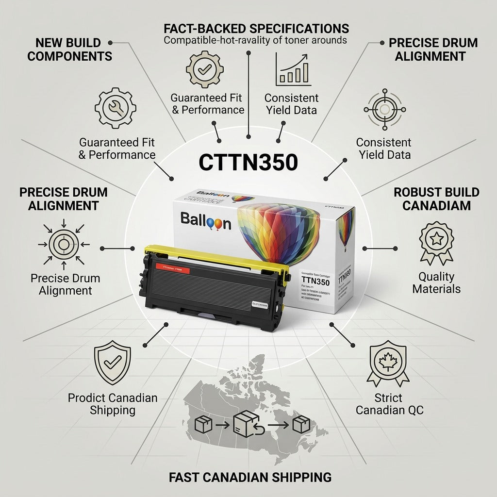 A reliability infographic for the Balloon Brand TN350 black toner cartridge with its retail box, surrounded by confidence icons and factual text. It features precise fitment for printers like Brother HL-2040 and HL-2070, new premium parts, Canadian testing, and fast national shipping. The style is clean and trust-focused.