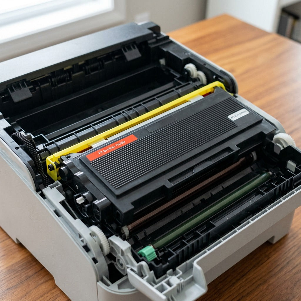 Compatible TN350 toner cartridge installed inside a clean laser printer on a modern office desk.