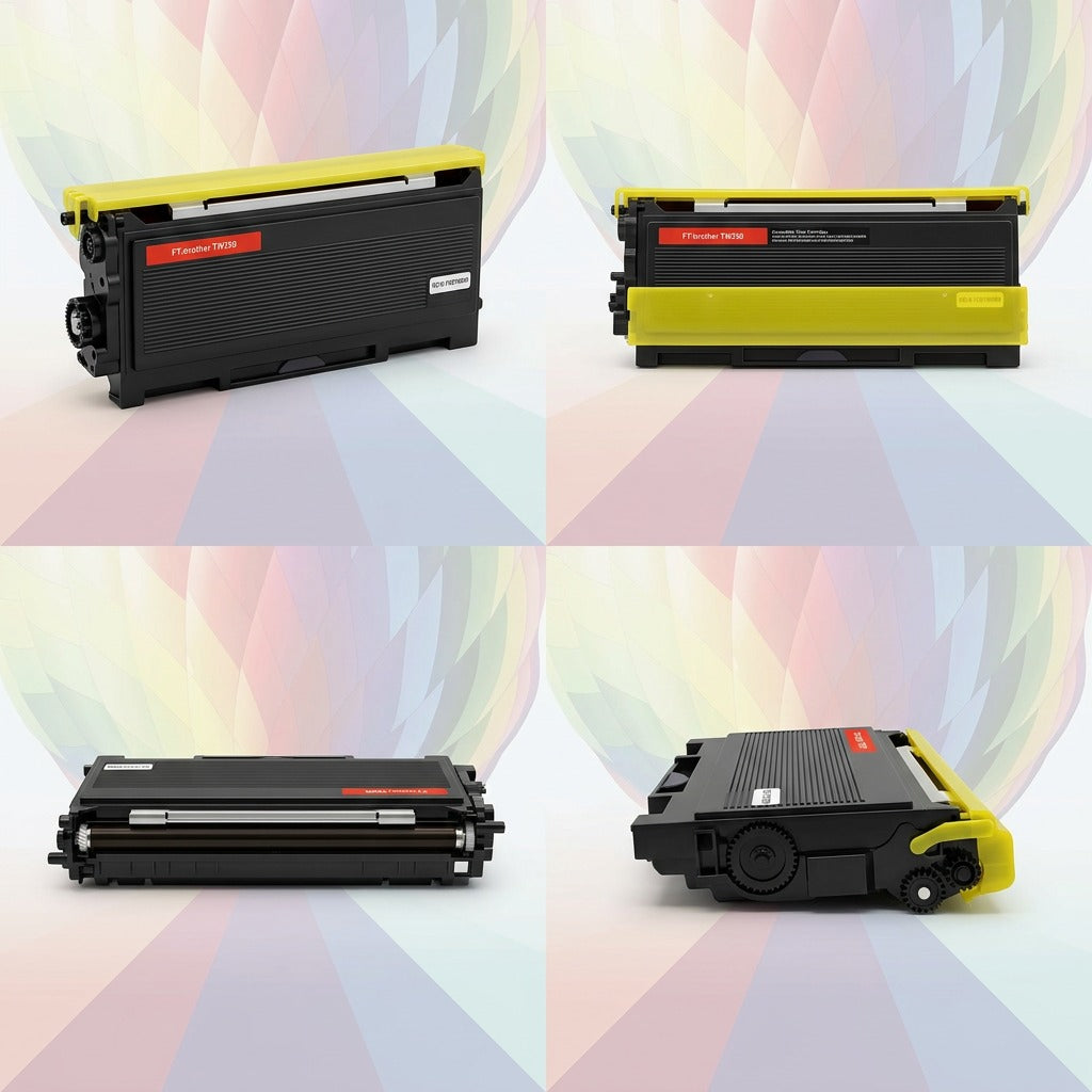 A 4-grid matrix visualizing the TN350 toner cartridge from front, rear, label, and gear side views.