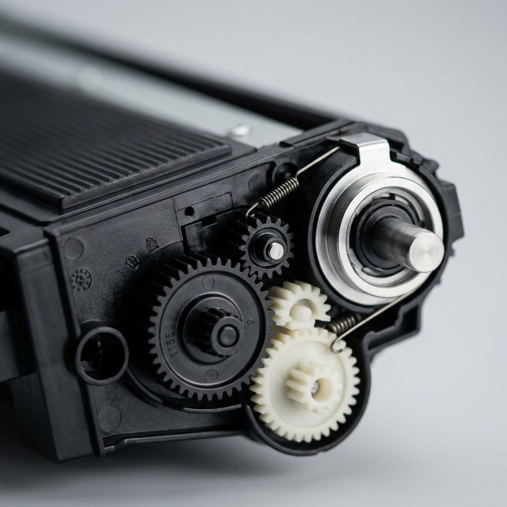 Macro photography of the precision gears, metal axles, and springs on the CTTN350 cartridge end-plate.