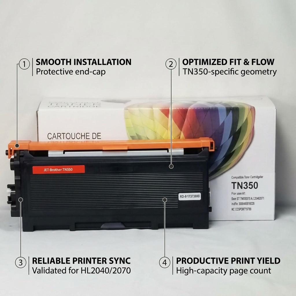 A PDP graphic with callouts: Protective end-cap for install, Optimized fit, Printer sync, and Page yield.