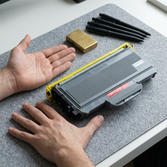 A realistic visual comparison with a hand and a standard pen shows the accurate size of the CTTN360 toner cartridge.