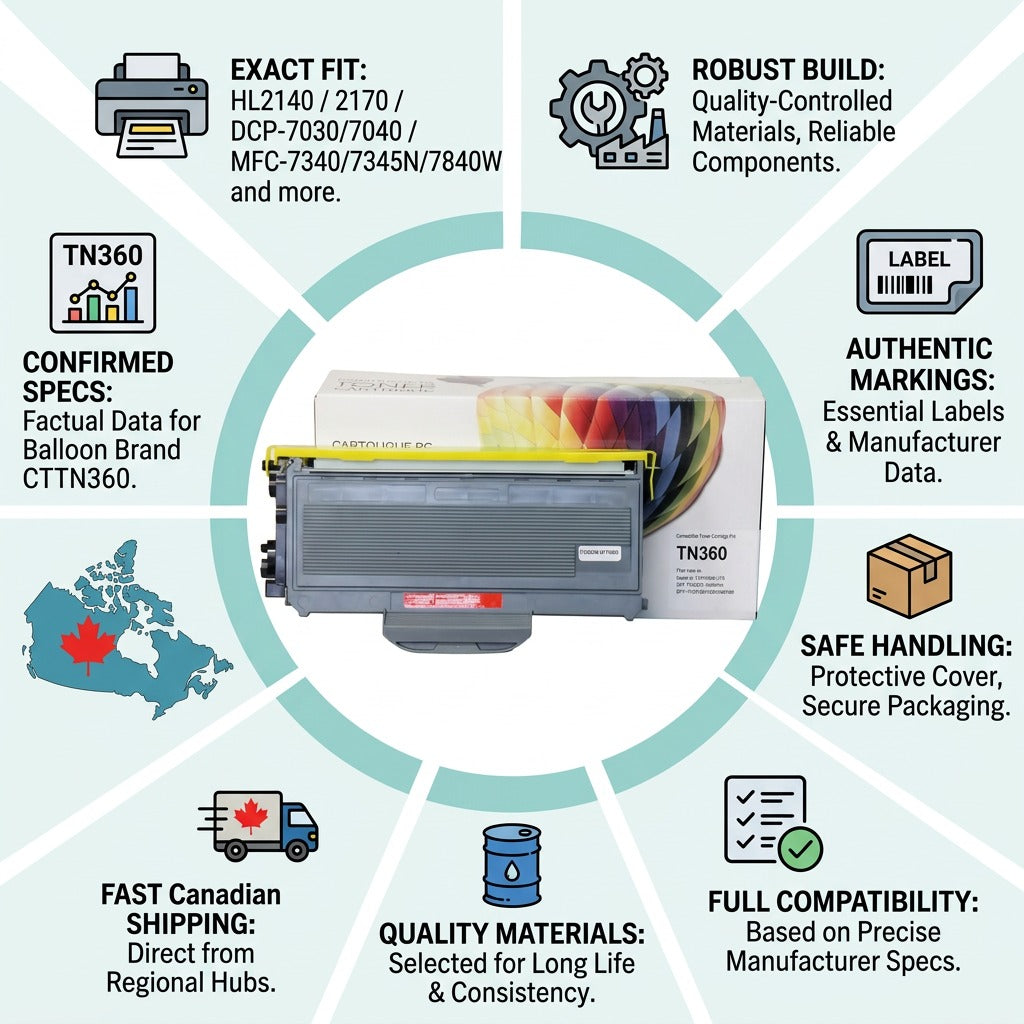 Trust and authority visual matrix showing Balloon Brand CTTN360 toner with 8 factual cues and simple icons.