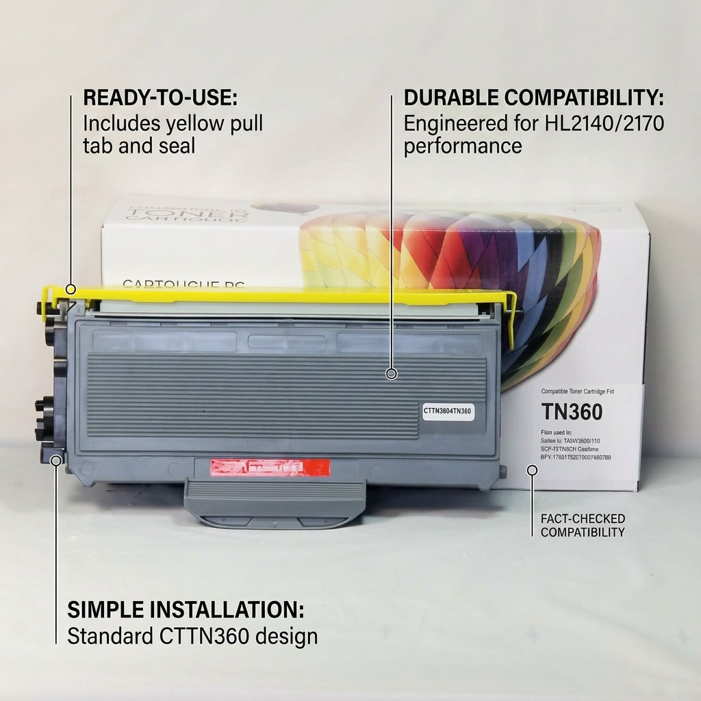 CTTN360 toner cartridge and box with four feature callouts detailing installation and compatibility.
