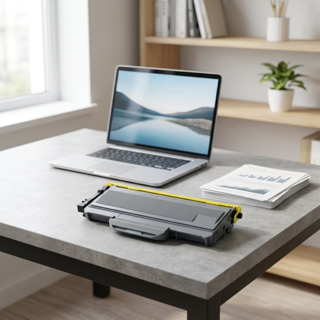 A dark grey TN360 toner cartridge sits on a minimalist concrete-patterned desk next to a modern silver laptop.