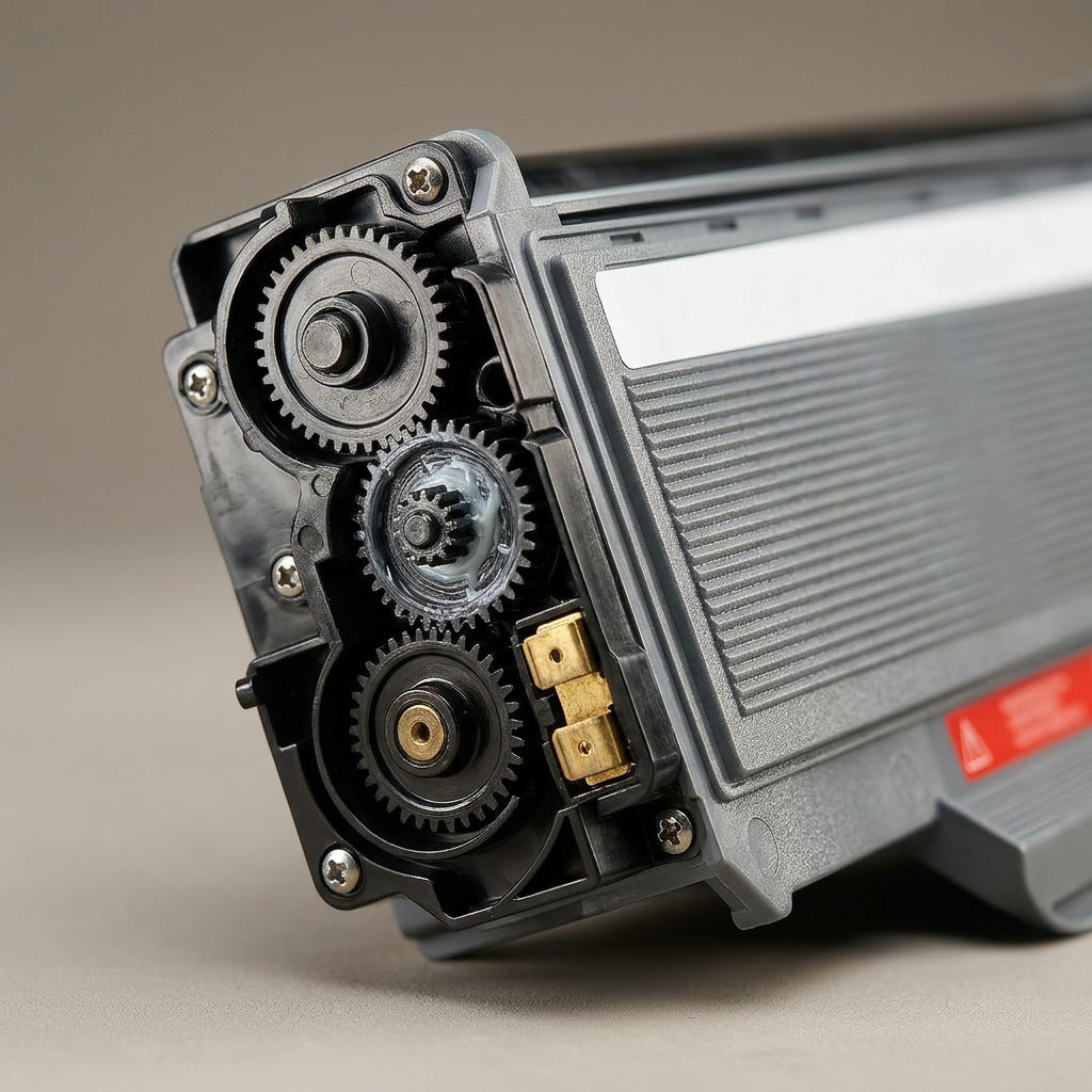 An extreme macro photograph detailing the complex end caps, gear assemblies, and terminal connections of the TN360 toner cartridge.