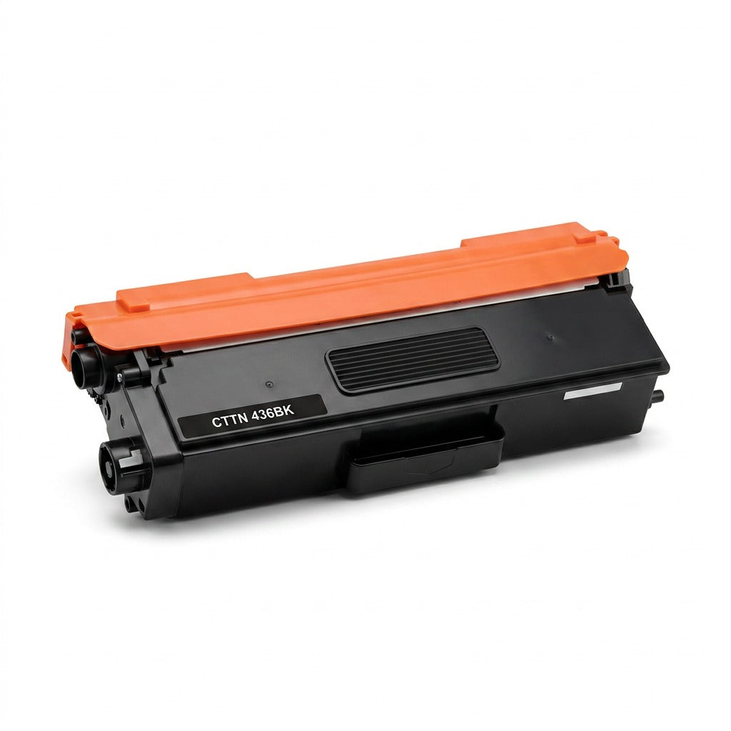 A high-resolution, centered view of the black compatible Brother toner cartridge (CTTN436B) with an orange protective strip, clean plastic textures, and sharp edges.