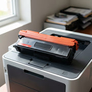 A detailed, close-up photograph of a compatible Balloon Brand CTTN436B black toner cartridge, precise to the canonical image detail, resting on a clean, light-wood desk surface. The specific orange lever and small red label are visible. A professional-grade laser printer's open paper tray is slightly ajar in the natural daylight background, along with a stack of fresh paper. The scene is neutral and high-end.