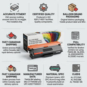 A trust infographic with Balloon Brand CTTN436B black toner, compatibility icons, and Canadian shipping details.