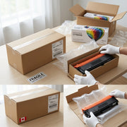 A perspective shot shows the toner being carefully lifted from a securely-packed box with cushioning.