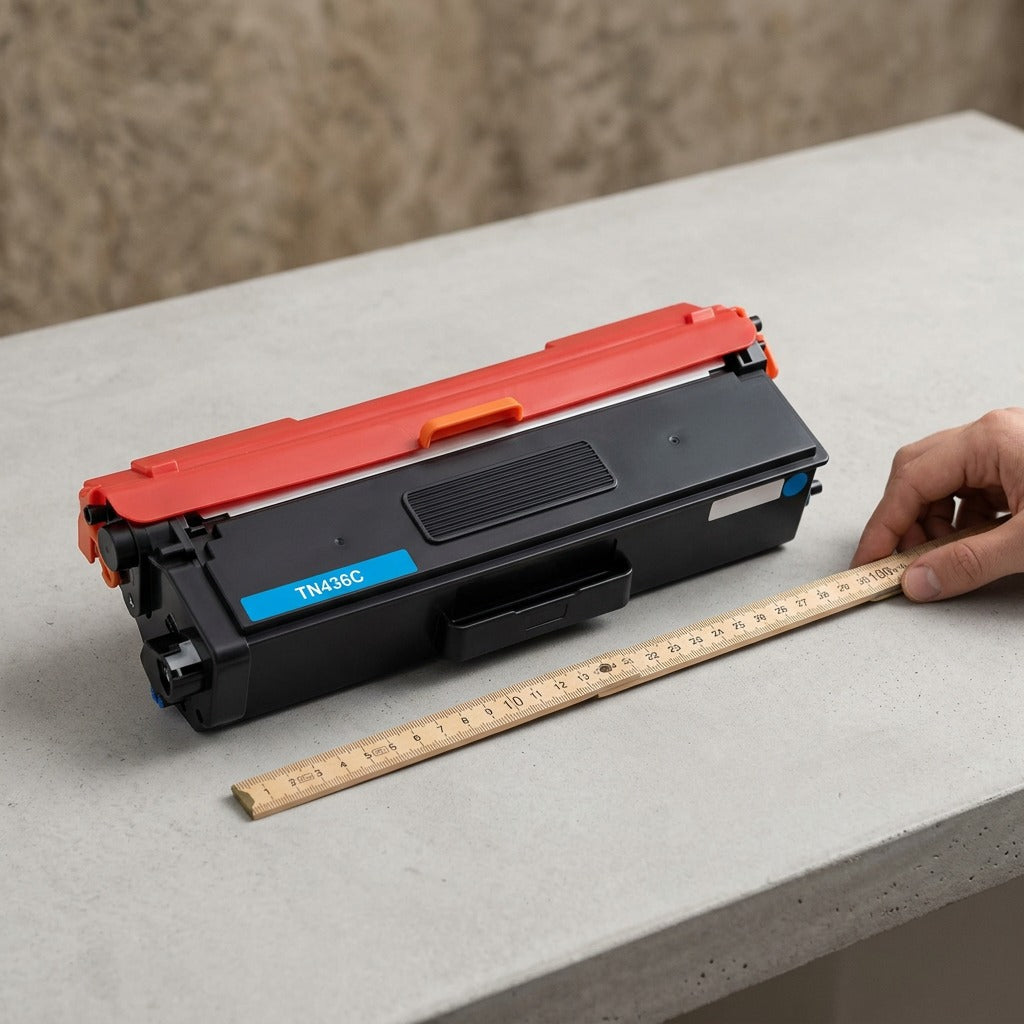 A photo of the CTTN436C toner cartridge held in a person's hands to show scale.