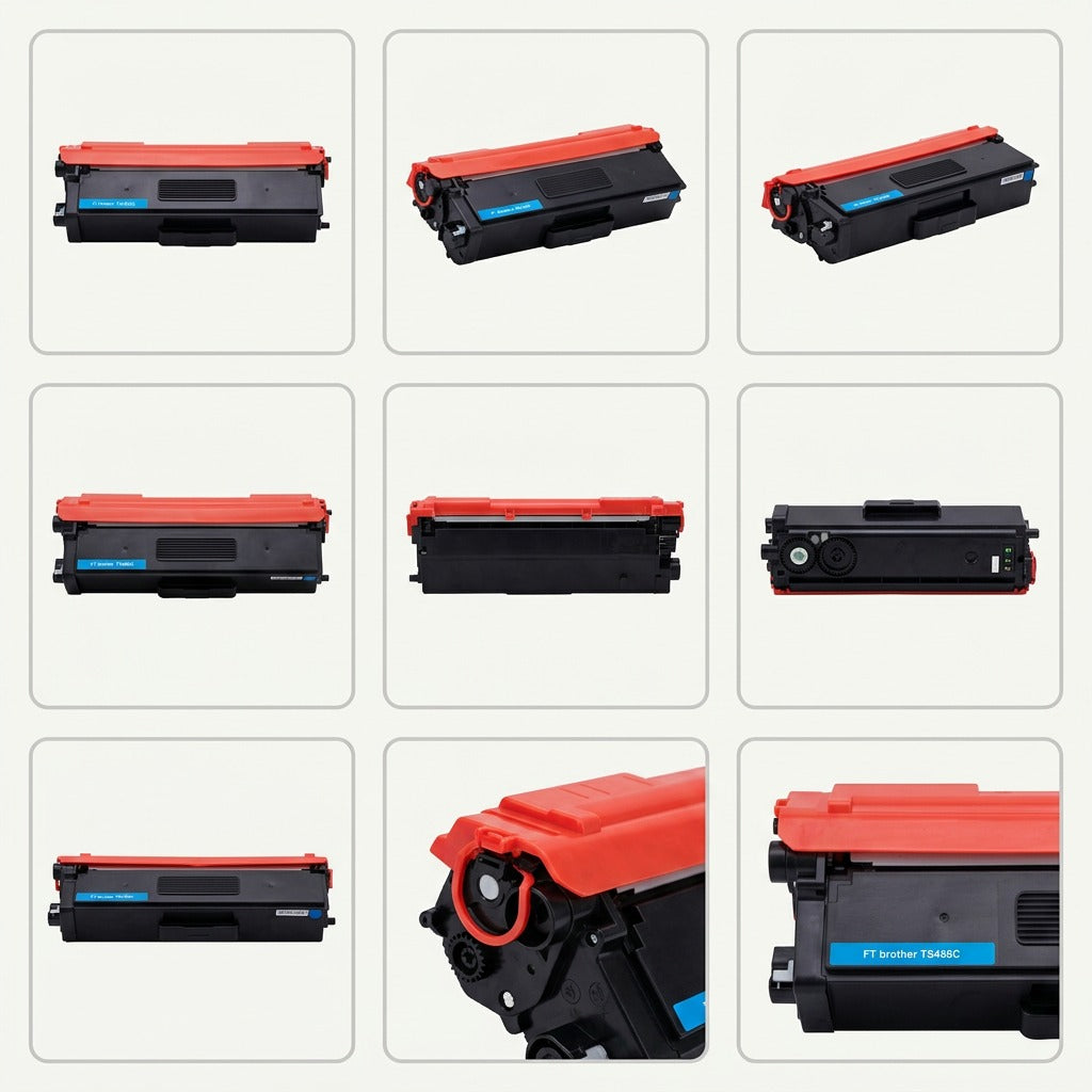 A matrix of nine clean images, showing the identical compatible cyan toner cartridge from `image_0.png` from nine different angles. No text or additional products. The context is high quality ecommerce, with multiple perspectives for product evaluation.
