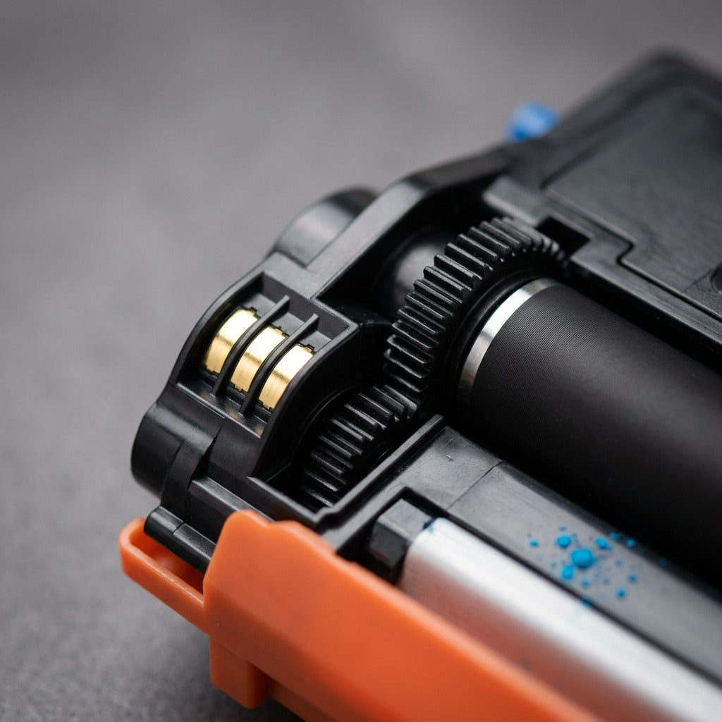 Extreme macro photo showing the detailed contact points, gears, and black metal roller surface on a TN436 C compatible cyan toner cartridge.
