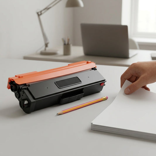 Scale reference photo for Balloon Brand CTTN436M Toner cartridge, shown next to a common pencil.