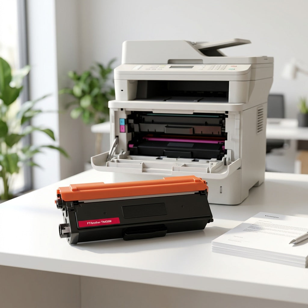 Compatible magenta toner cartridge, with orange roller end and red label, on an office desk next to a printer tray.