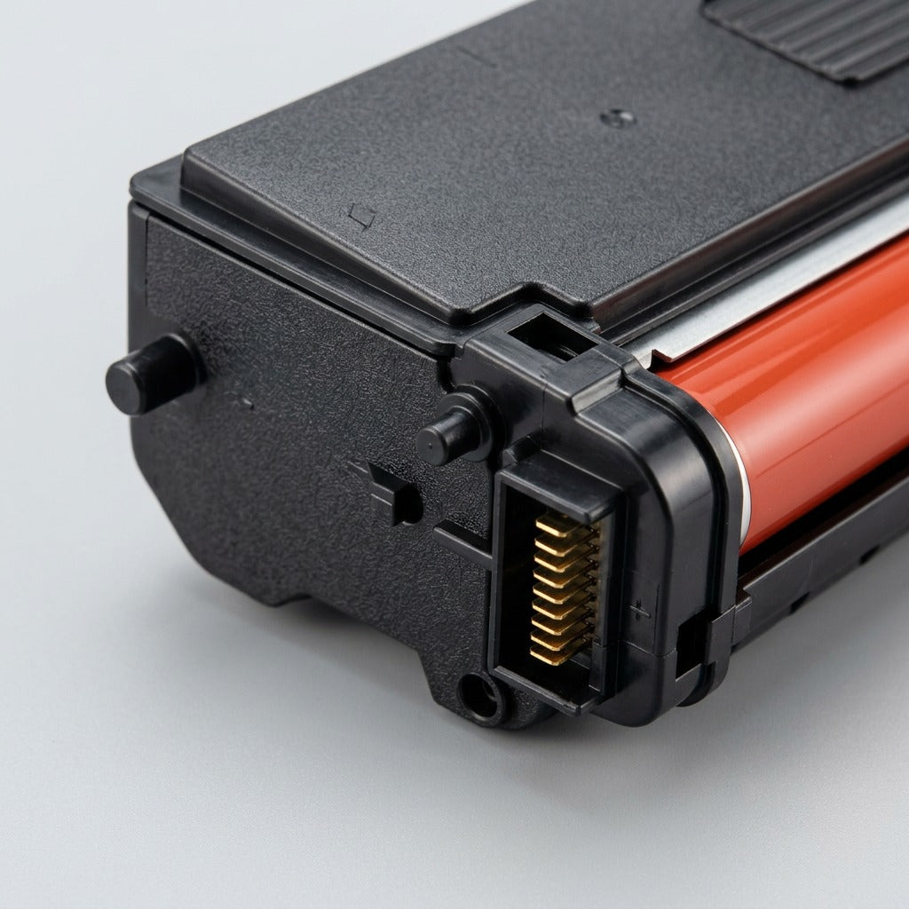 A macro inspection photo of the electronic connector and plastic build of the magenta toner.