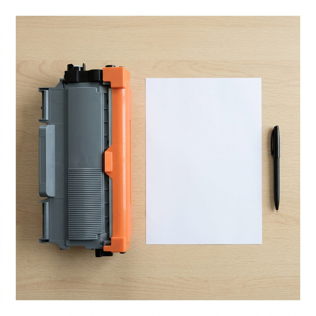 A PDP image shows the CTTN450 black toner cartridge sitting next to a standard-sized A4 sheet of paper and a pen on a wooden desk. The toner cartridge matches the provided reference. It is a three-quarter view, slightly from above. The box, text, and other logos are removed, creating a direct product-to-reference comparison. The wooden texture of the desk is visible. Spot lighting.