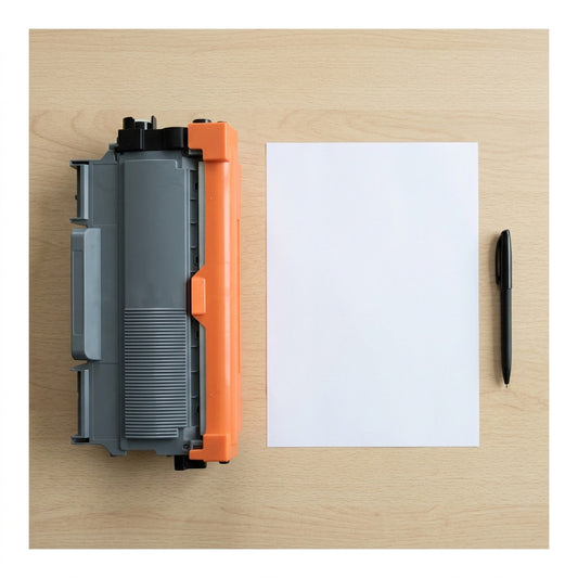 A PDP image shows the CTTN450 black toner cartridge sitting next to a standard-sized A4 sheet of paper and a pen on a wooden desk. The toner cartridge matches the provided reference. It is a three-quarter view, slightly from above. The box, text, and other logos are removed, creating a direct product-to-reference comparison. The wooden texture of the desk is visible. Spot lighting.