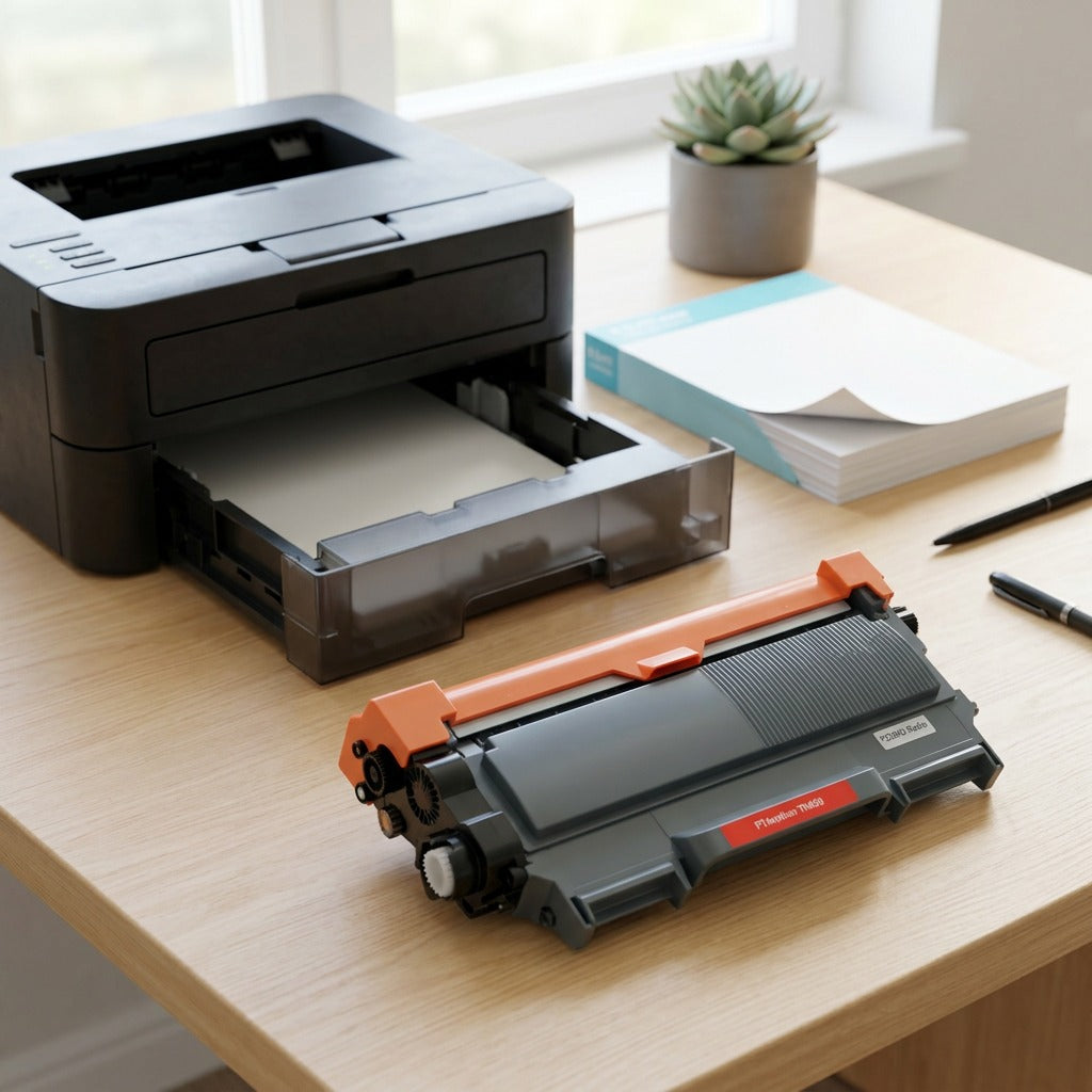 A lifestyle photo showing the TN450 compatible toner for Brother printers sitting on a clean office surface next to an open paper tray.