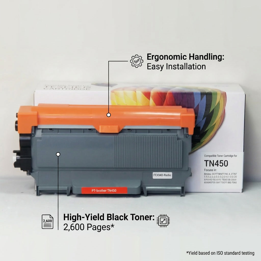 Operational features graphic for compatible TN450 toner, highlighting easy installation and high-yield capacity.