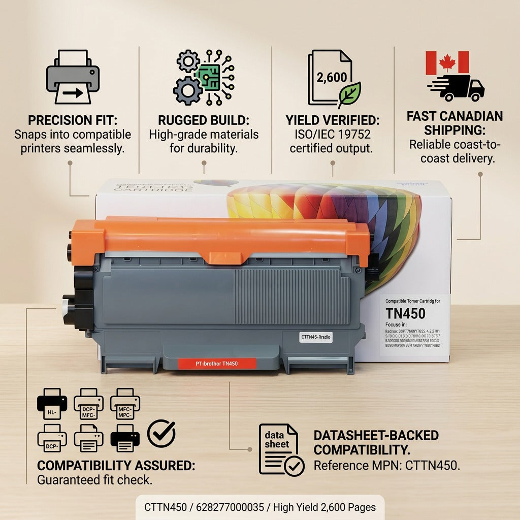 Trust matrix featuring compatible TN450 toner, showing compatibility, component details, and shipping icons.